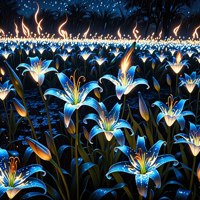 Glimmering Fairy in a Sea of Fire Lilies - A cinematic, softly focused image capturing a vast field of glowing blue and white fire lilies at night, their luminescent energy forming dancing particles. These particles gather to manifest a tiny, radiant, winged fairy, hovering above the flowers. Hyper-realistic and wet with fantasy ambiance, in the imaginative style of Donato Giancola and Brom. - AI image generated with Fictional
