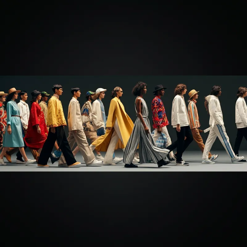 Global Fashion Parade - An engaging banner design for 'Threadz Time Worldwide' presenting a lively parade of models wearing distinctive outfits from different regions of the world, all walking in sync, representing the inclusive and diverse spirit of the brand. - AI image generated with Imagen 3