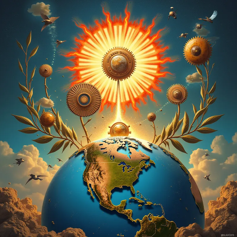 Global Harmony Fusion - A surreal, imaginative composition fusing symbols from ASME, UN, Tun Tun Tun, and SAUR—melding gears with olive branches, rhythmic sound waves, and solar flares swirling together over a stylized globe. The scene radiates unity, technological progress, and creative energy, all in one mesmerizing image. - AI image generated with Photorealistic 2