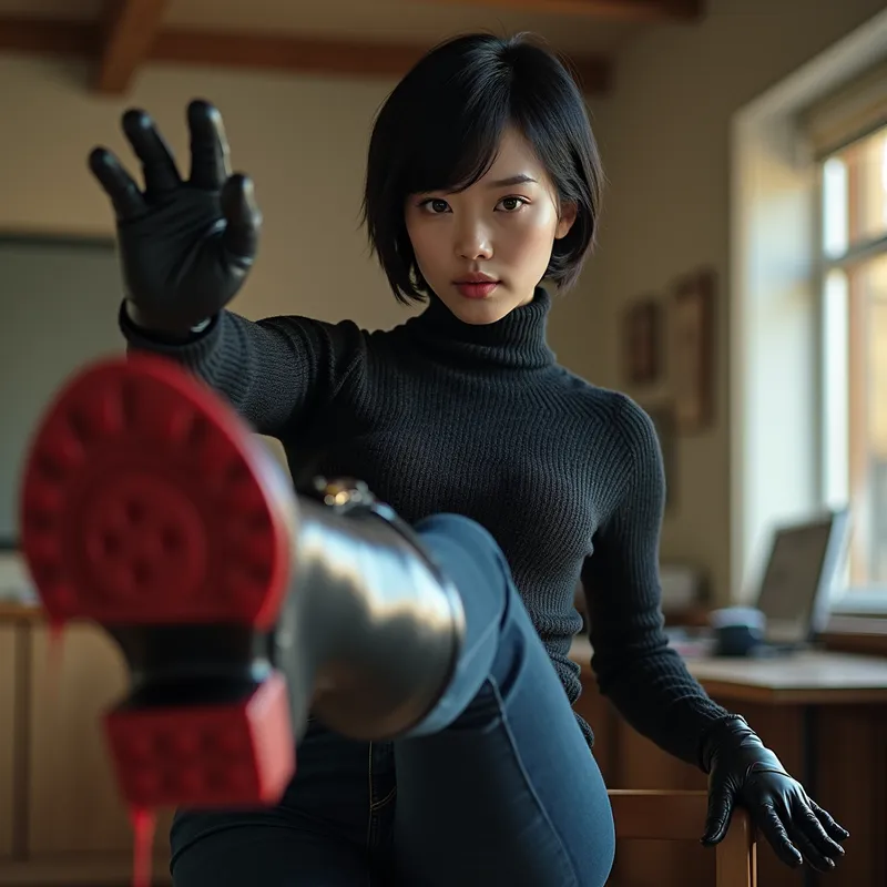 Glossy Black Boots and Red Spill - A striking short-haired Chinese girl clad in a snug wool sweater, tight jeans, and brilliant long equestrian boots, paired with sleek black leather gloves. In a stylish office, she kicks at the viewer, her boot sole (dripping vivid red liquid) dominating the foreground, her cold, frightening stare riveting. - AI image generated with Photorealistic 2