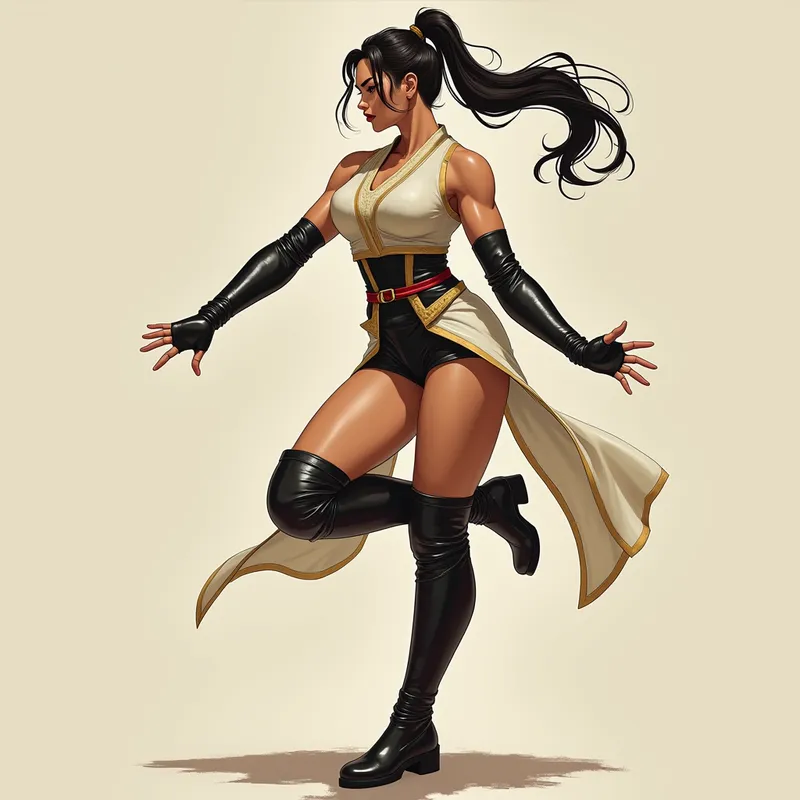 Glossy Combat Grace - Artistic portrait of Chun-Li balancing on one foot, her long, glossy, and stiff knee-length leather riding boots on full display, merging the themes of strength and elegance. - AI image generated with Photorealistic 2