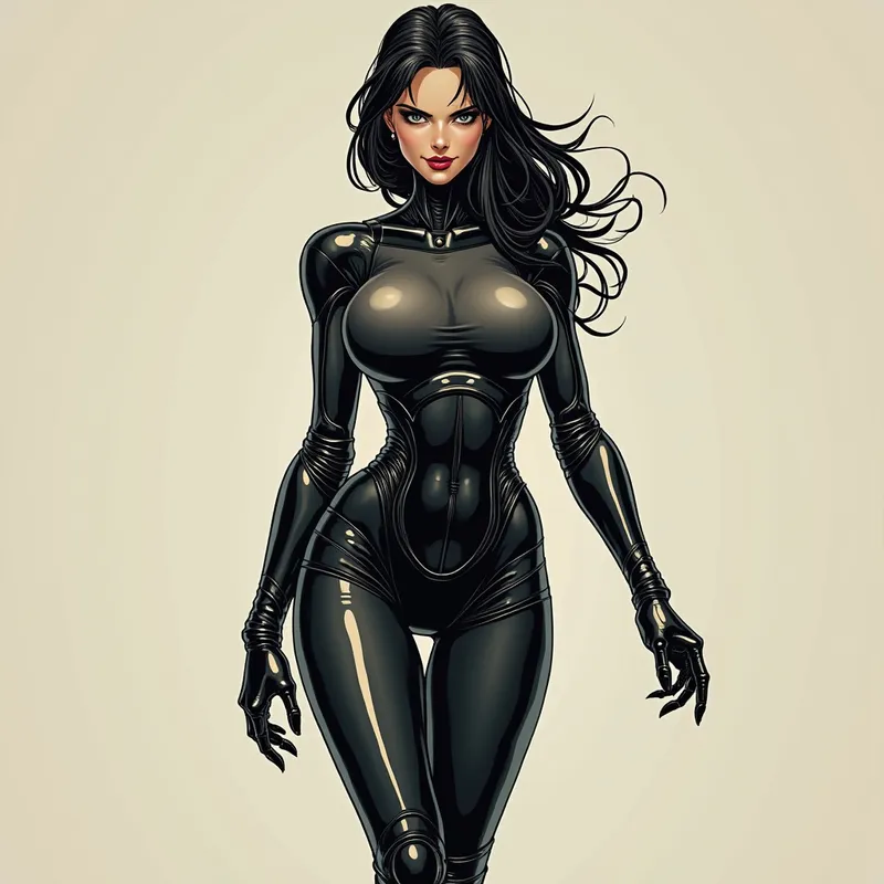 Glossy Cyber Huntress - A beautiful and seductive manga woman robot, shimmering metallic skin with feminine curves, dressed in glossy, tight-fitting black leather gloves and rigid, tall black riding boots. She marches forward purposefully, a mischievous smile on her lips, dominating the frame with her confidence and allure as she moves to capture the viewer. - AI image generated with Photorealistic 2