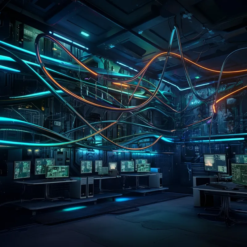 Glowing AI Ribbons in Futuristic Lab - A network of digital AI broad ribbons forming an intricate and expansive wall within a high-tech computer lab. The ribbons should be glowing with vibrant colors, weaving through advanced computer systems and screens, creating a futuristic and dynamic atmosphere. - AI image generated with Imagen 3