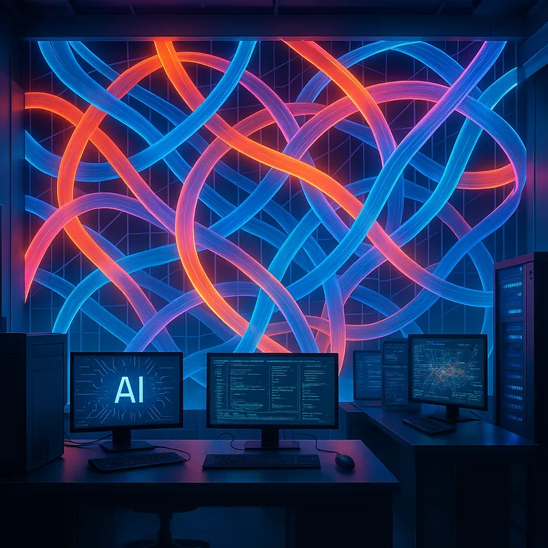 Glowing AI Ribbons in Futuristic Lab - A network of digital AI broad ribbons forming an intricate and expansive wall within a high-tech computer lab. The ribbons should be glowing with vibrant colors, weaving through advanced computer systems and screens, creating a futuristic and dynamic atmosphere. - AI image generated with GPT Image