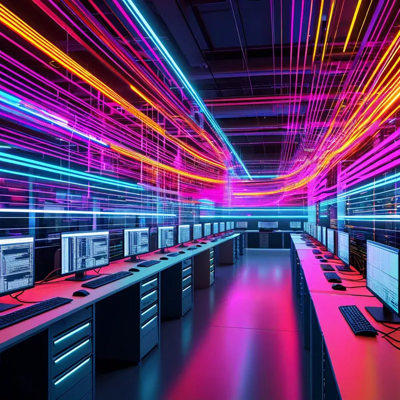 Glowing AI Ribbons in Futuristic Lab - A network of digital AI broad ribbons forming an intricate and expansive wall within a high-tech computer lab. The ribbons should be glowing with vibrant colors, weaving through advanced computer systems and screens, creating a futuristic and dynamic atmosphere. - AI image generated with Nova Canvas