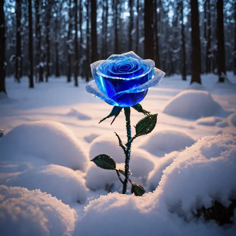 Glowing Crystal Rose in Snowy Forest - a bright blue rose made of crystal, glowing in the night of a snowy forest - AI image generated with Fictional