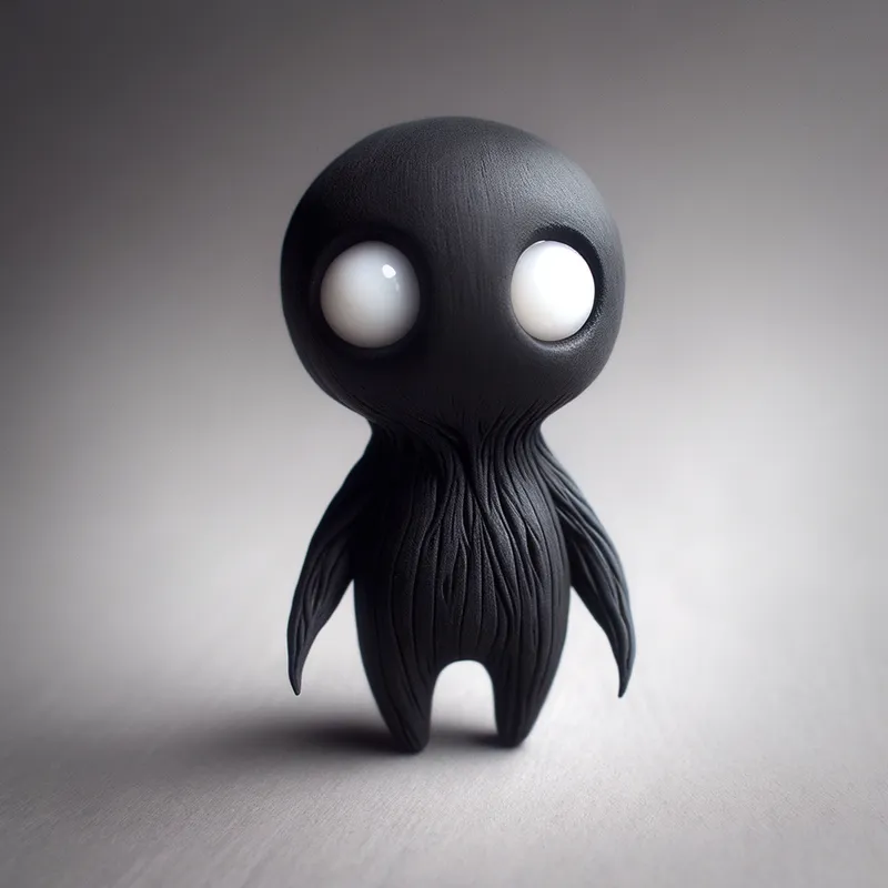 Glowing Eyes Fantasy Sprite - A small cute fantasy character with a black body, with hands, with feet, without a mouth, without a nose, with two small glowing white points as eyes - AI image generated with Art