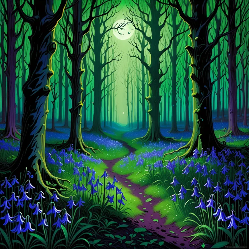 Glowing Flowers in Dark Green Woods - A lush, vibrant green forest appearing both inviting and sinister, with tall trees and dark undergrowth shrouded in shadow. At the heart of a moonlit clearing, an array of tiny, glowing bluebell-like flowers illuminates the gloom, imparting a magical yet unsettling vibe. - AI image generated with Fictional - vivid colors, fantasy art