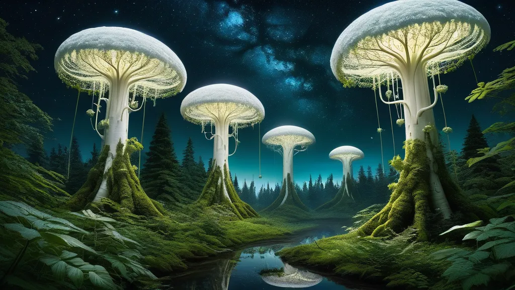 Glowing Horseradish Fantasy - Imagine a surreal, glowing forest scene where white horseradish plants have canopies like massive trees, entwined with glowing fauna and mystical orbs, against a backdrop of a starry night sky. - AI image generated with Fictional - hyper-surrealism, picture of the day, fantasy art