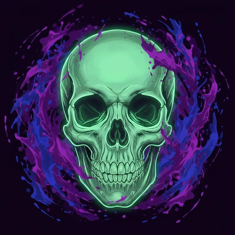 Glowing Jawbone Mask - An artistic top-down depiction of a jawless skull glowing in electric green, each contour and fissure outlined, with dynamic purple and blue spatters swirling around it. - AI image generated with Nano Banana
