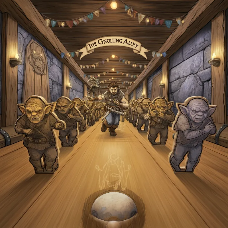 Gnolling Alley Adventure - An adventurous coloring page showing 'The Gnolling Alley,' a bowling alley with a twist. At the end of the lane, ten gnoll cutouts are ready to be knocked over by players charging down the lane. The page captures the excitement and joy of the game, with barbarians and other characters engaging enthusiastically. - AI image generated with Imagen 3