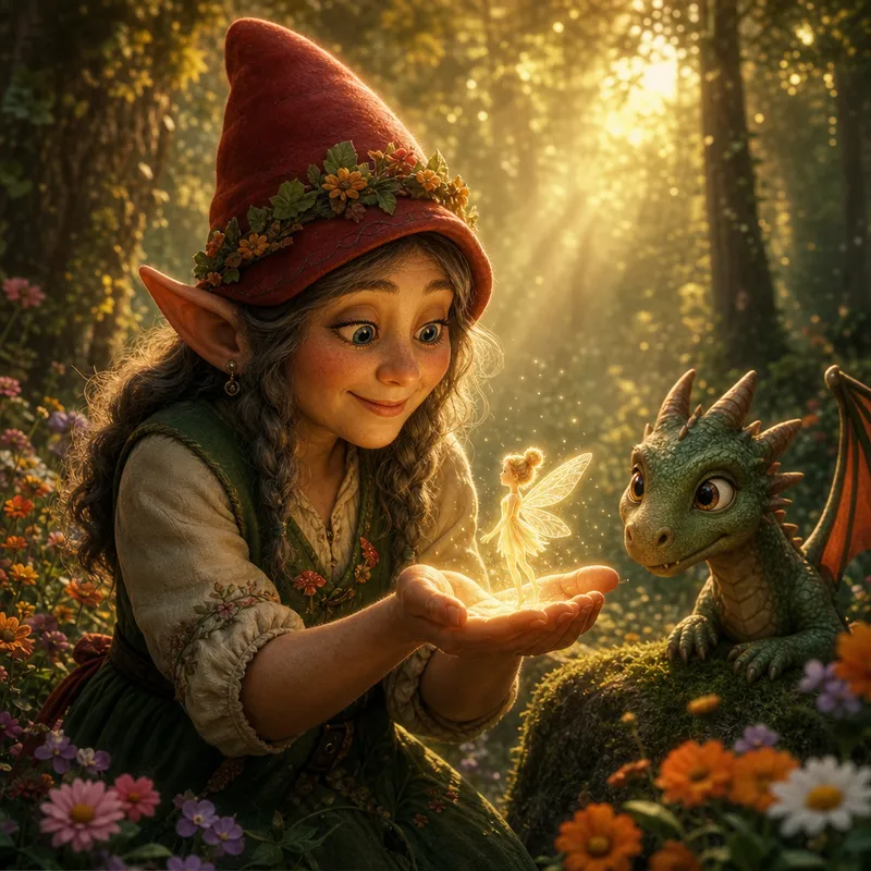 Gnome Cradles Tiny Glowing Fairy - Warm painterly children’s-book illustration with a 3D storybook render look, saturated colors, soft rim light, shallow depth of field, crisp facial details, clean centered composition, volumetric light, subtle fog, detailed textures, and high dynamic range. A whimsical storybook forest at golden morning, with a night-tilting-to-dawn mood inside a warm golden palette. God rays stream through tall trees into a mossy clearing ringed with bright wildflowers, with soft bokeh in the background. In the center, an adult female gnome gently cups a tiny glowing fairy in her hands, leaving elegant negative space around the hands for text. The fairy emits a soft bioluminescent glow that reflects beautifully in the gnome’s eyes. A baby dragon peeks in from the side, its face softly illuminated by the fairy’s light. Volumetric shafts of light, saturated color, delicate skin textures, crisp facial details, and a centered vignette create a magical cinematic storybook feeling.
Do you want me to turn this into a reusable character-consistency prompt set for multiple scenes too? - AI image generated with GPT Image