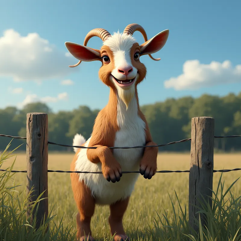 Goat Smiling in Sunny Field - A friendly brown and white goat with elongated ears and a thick, shaggy beard stands on its hind legs against a wire fence as it appears to smile. The background features tall grass, aged wooden fence posts, and a dense tree line under a clear blue sky with a few fluffy clouds. - AI image generated with Text - picture of the day, photorealistic, surrealismus