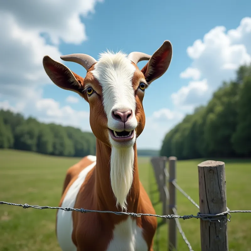 Goat in a Pastoral Setting - A brown and white goat with pronounced ears and a thick beard stands up behind a wire fence, its face expressing a contented smile. The background showcases green grass, wooden fence posts, and a dense row of trees beneath a vibrant blue sky with a handful of clouds. - AI image generated with Text - picture of the day, photorealistic, surrealismus