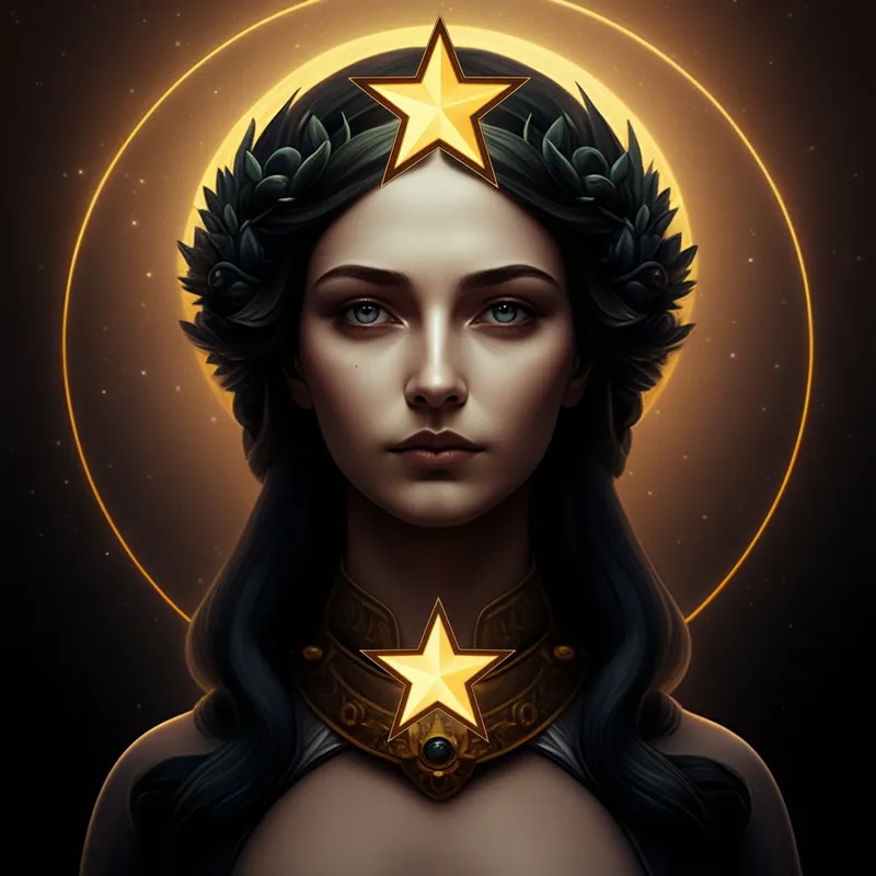 Goddess Laurel with Stars - Create an image of Goddess Laurel adorned with 2 stars, set against a beautifully blurred background to emphasize her divine presence. - AI image generated with Imagen 3