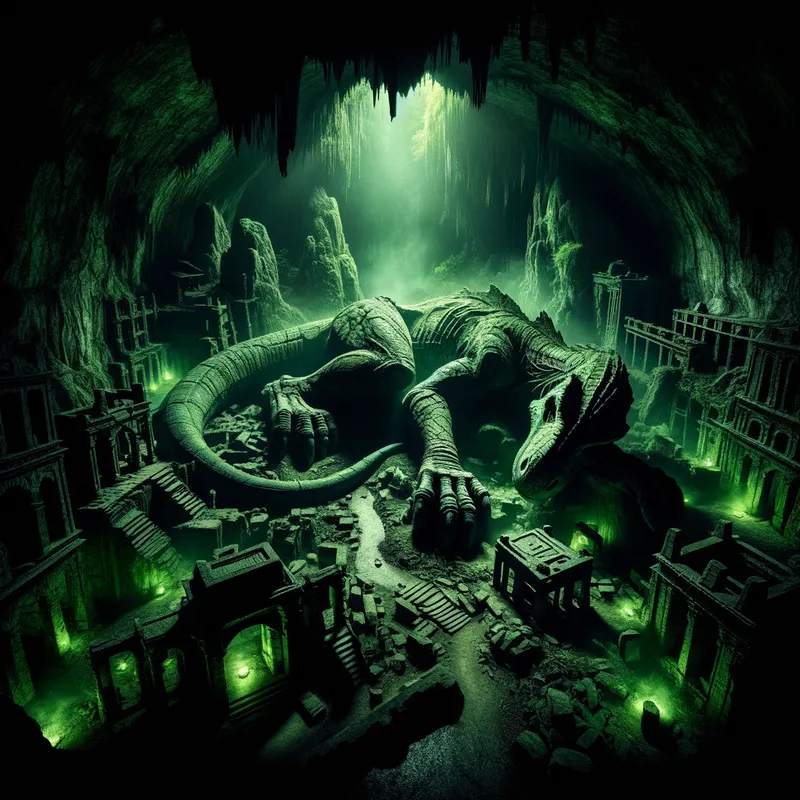 Godzilla's Lair - A dark and mysterious lair deep within a mountain, illuminated by eerie green lights, where Godzilla sleeps amidst ancient ruins. - AI image generated with Art