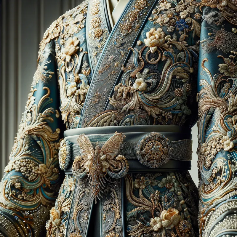 Gojo Satoru in Exquisite Robe - An exquisite portrait of Gojo Satoru wearing an elaborate, finely embroidered robe. The image emphasizes the artistry of the clothing, with detailed close-ups of the patterns and designs that cover the luxurious fabric. - AI image generated with Art