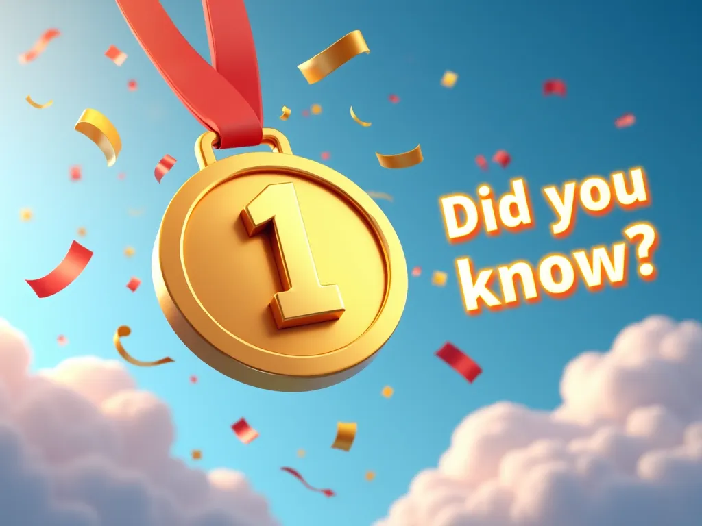 Gold Medal Celebration Thrill - Create a vibrant thumbnail with a 3D gold medal labeled with the number '1', floating in the sky with soft clouds in the background. Add confetti flying around the medal to enhance the celebratory mood. Include bold, glowing text in white that says 'Did you know!' on the right side of the image. Use bright lighting, a dynamic angle, and a high-energy color palette to make the thumbnail visually appealing and engaging - AI image generated with Text