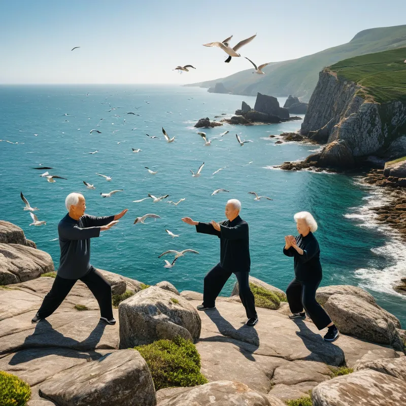 Golden Age Grace - Seniors practicing tai chi on a rocky, coastal cliffside with the sea below them and seagulls flying overhead. - AI image generated with Photorealistic