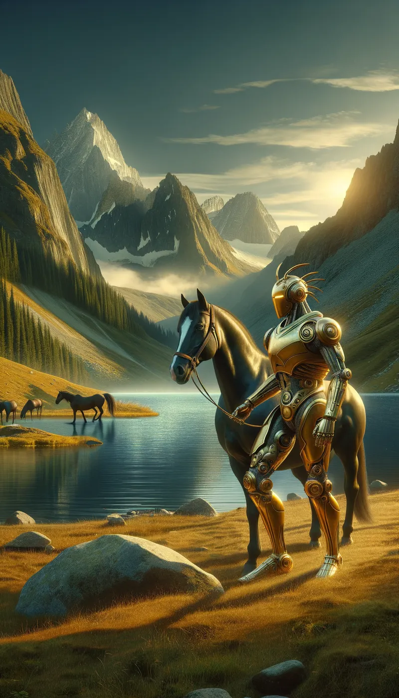 Golden Armor vs. Black Mare - Ancient golden technological armor does hand-to-hand combat with a black mare in a pond in a mountain range. the mare attacks his arm - AI image generated with Art