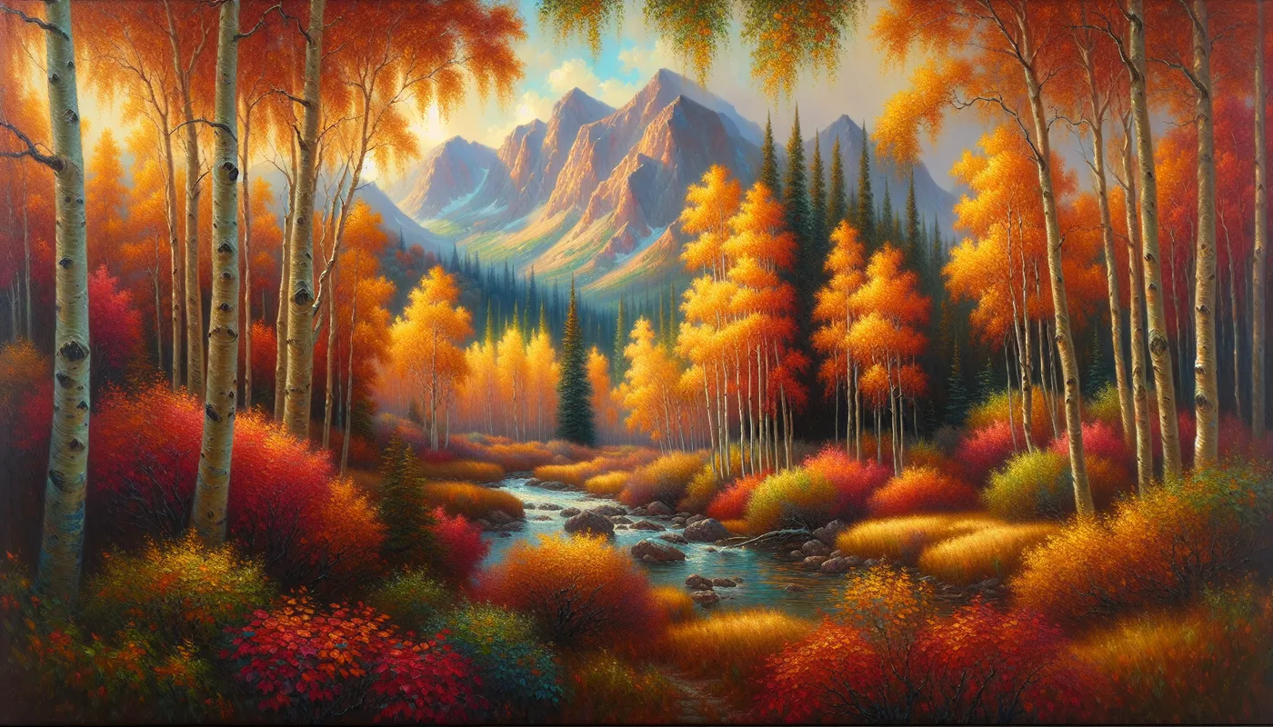 Golden Aspens of Serenity - A fine arts oil painting capturing a tranquil mountain landscape with vibrant oranges, reds, and gold colored aspen leaves, celebrating the splendor of autumn. - AI image generated with Art - Amedeo Modigliani, point-of-view