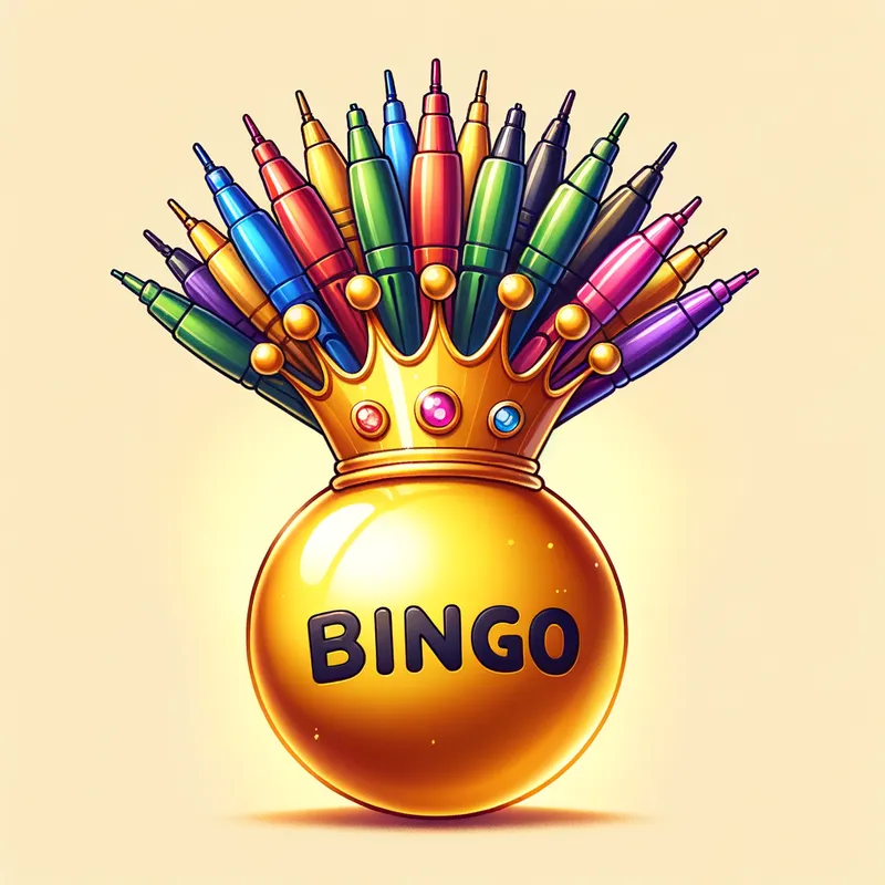 Golden Bingo Sphere - A luxurious gold bauble with 'BINGO' elegantly written across the center. A burst of colorful pens protrudes from the top like a whimsical crown. - AI image generated with Art - cartoony
