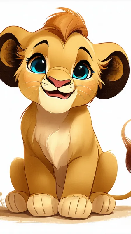 Golden Cub's Curiosity - Create an illustration of a cute baby lion cub sitting upright on its hind legs with its front paws resting gently in front of its chest, facing forward. The cub has a fluffy, slightly messy mane in warm golden-brown shades, with a lighter cream-colored body fur. Its large, round eyes are a sparkling blue, filled with a curious and joyful expression, and its small nose is a soft pink. The cub is smiling widely, showing a hint of its tiny teeth, with rosy cheeks adding to its adorable charm. The tail is curled slightly to the side, tipped with a darker brown tuft. Use a soft, pastel color palette with gentle gradients for shading, and place the cub against a plain white background to emphasize its cuteness.