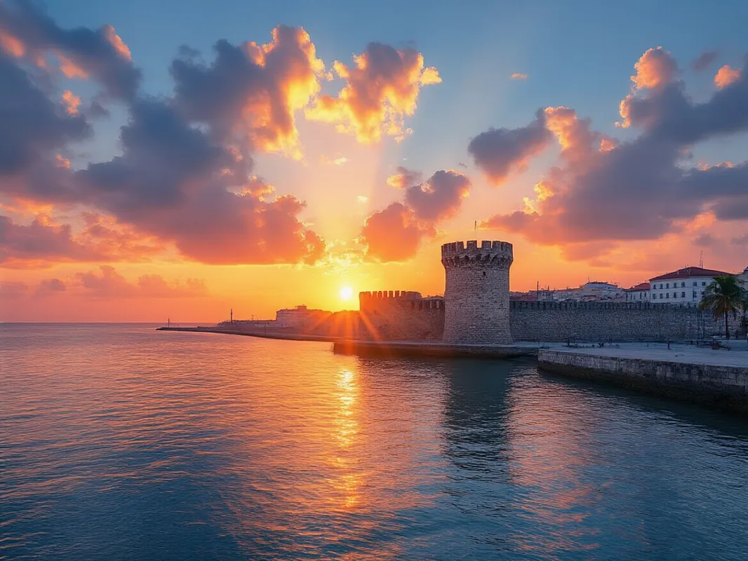 Golden Dawn Near San Juan de Ulúa - An enchanting scene of dawn at the Veracruz Harbor, where the sun rises majestically near the historic Castillo de San Juan de Ulúa. The sky is painted with hues of orange, pink, and gold, creating a serene and magical atmosphere. - AI image generated with HiDream Full - picture of the day, photorealistic, stained glass image