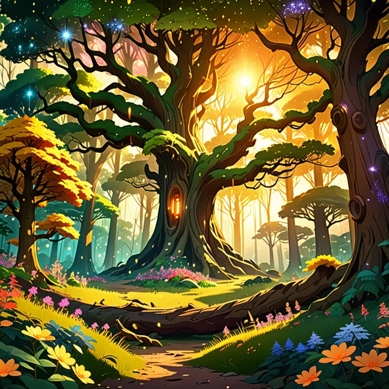 Golden Dawn in the Fairy Woods - Anime-style fantasy forest with huge majestic trees, warm golden sunrise light, magical sparkles in the air, vibrant flowers and greenery, inviting woodland scenery, charming and adventurous atmosphere - AI image generated with Fictional