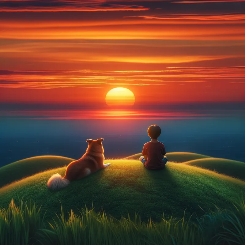 Golden Evening - A young boy and his dog sit on a grassy hill, gazing at the vibrant orange and pink hues of the sunset, with the sun dipping below the horizon. - AI image generated with Art