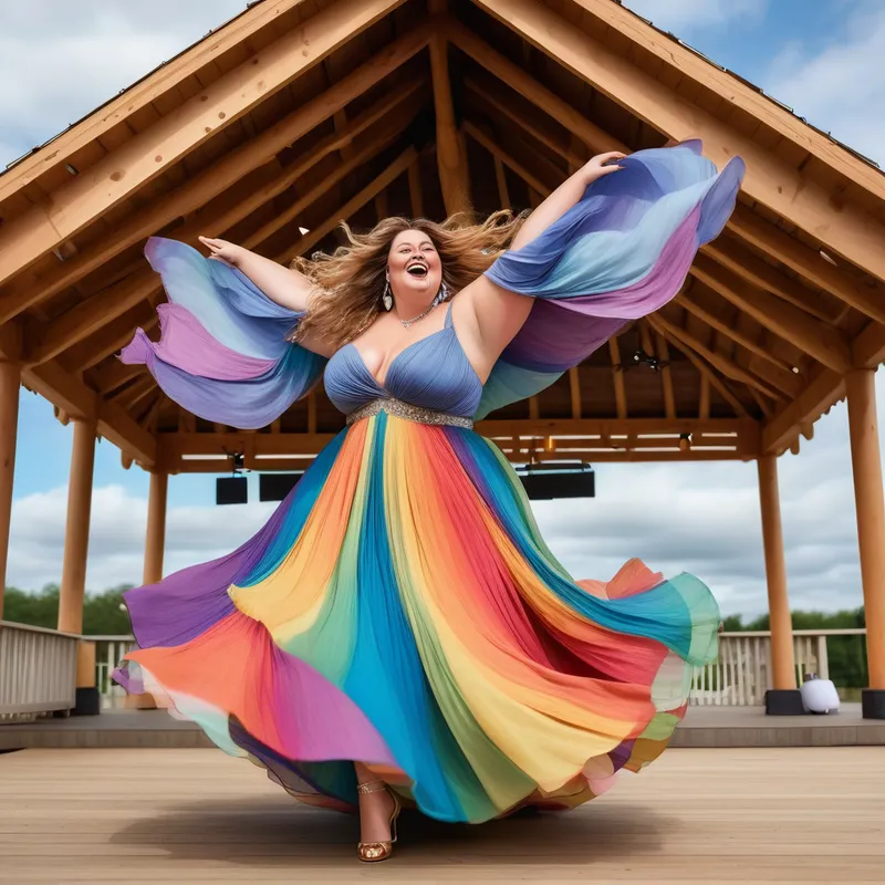 Golden Festival Grace - A beautiful plus-size woman twirls joyfully in a graceful dancing pose beneath a wooden festival pavilion with open sides and a tall pyramid roof. Her long, wavy rainbow-colored hair streams in the breeze, and her multicolor flowing gown billows outward in layered fabric full of movement. She wears elegant jeweled heels, coordinating accessories, sparkling jewelry, and gorgeous full makeup. Around her, festival guests relax on picnic blankets and small tables with food and drinks, watching her performance. The pavilion glows with lantern light, bright flowers, and colorful ribbons, creating a warm outdoor fantasy celebration atmosphere. Vibrant colors, realistic digital painting, cinematic sunlight, soft depth of field, sharp focus, ultra-detailed textures, 8K. - AI image generated with Photorealistic - night lighting
