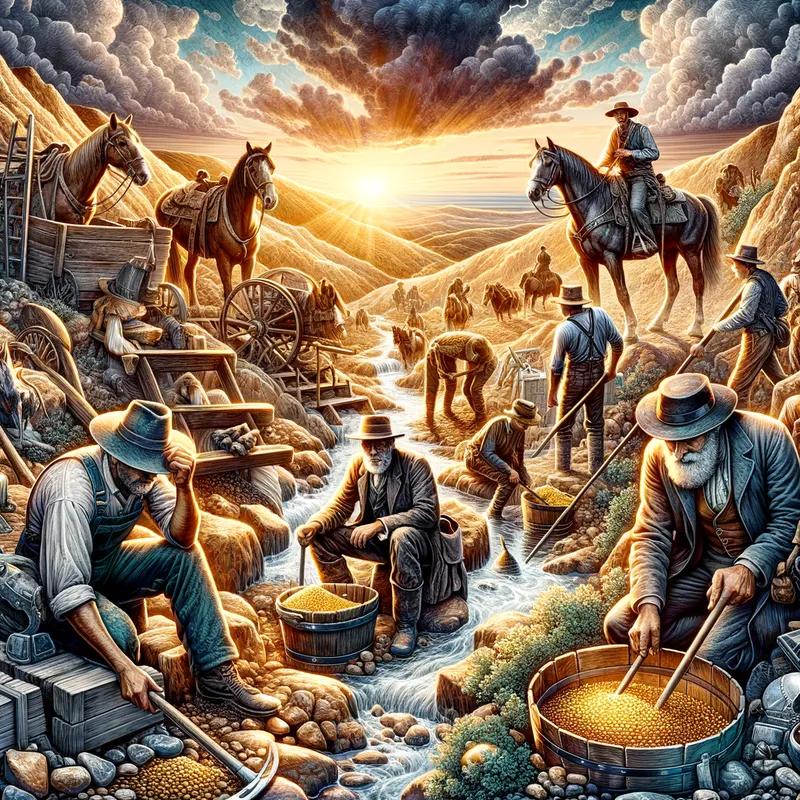 Golden Frontier - An adventurous portrayal of gold diggers in the wild west, digging and panning for gold in the rugged terrain. Horses and old equipment are scattered around, showing the hard work and determination needed to strike gold. - AI image generated with Art