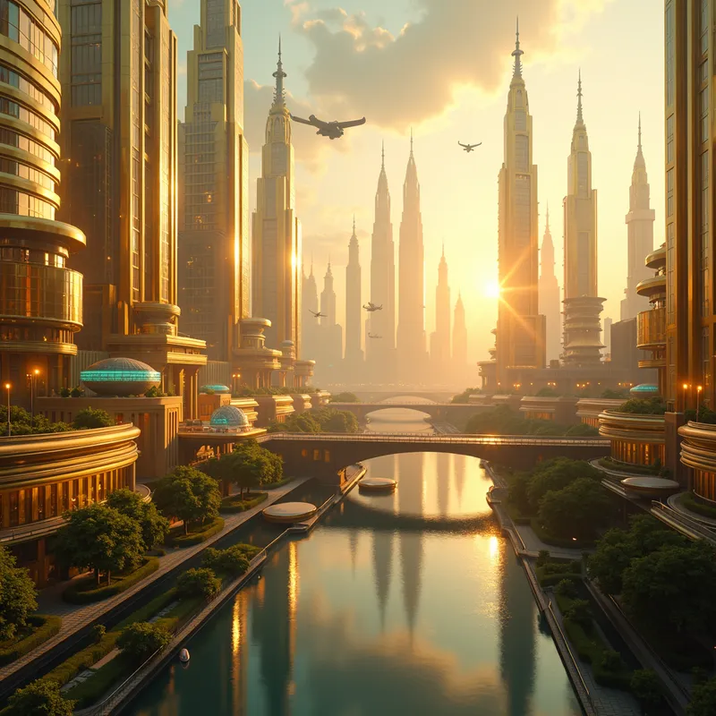 Golden Futuristic Metropolis - A sprawling futuristic cityscape forged in gleaming gold at sunset, reflective skyscrapers and elegant spires rising above a mirrored canal; Art Deco meets sleek neo-cyberpunk. Vast skybridges and terraced gardens connect towers, translucent hover rails crisscross the skyline. Flying vehicles leave long-exposure light trails. Warm golden palette with subtle teal accents, volumetric god rays, soft atmospheric haze, ray-traced reflections, global illumination. Ultra-detailed, hyperreal, 8k, cinematic. Wide aerial perspective, 24mm lens, f/8, ISO 100, high dynamic range. Render in Unreal Engine/Octane style, sharp focus, no text, no watermark. - AI image generated with Photorealistic 2