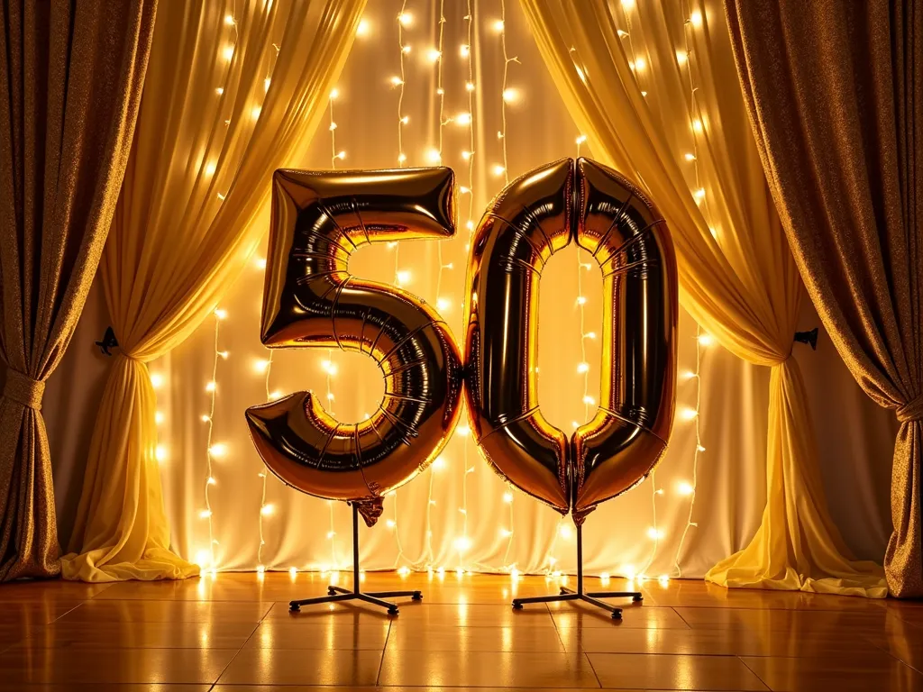 Golden Glitz and Glam - A dazzling 50th birthday celebration with golden curtains that shimmer brightly, enhancing the glamorous and festive spirit of the occasion. - AI image generated with Photorealistic 2
