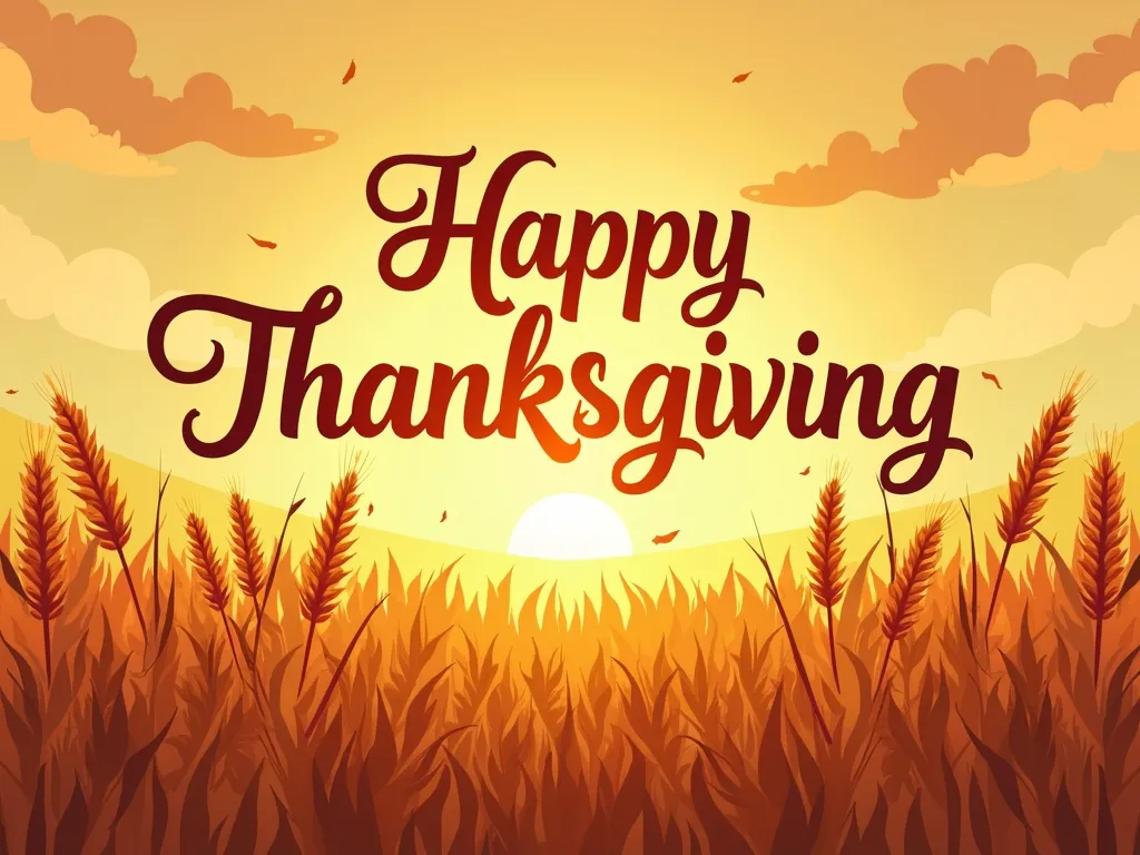 Golden Harvest - An artistic Thanksgiving card featuring a stylized golden wheat field against a sunset background, with a soft gradient of warm colors. The words 'Happy Thanksgiving' are gracefully etched into the sky with a swirling, creative font. - AI image generated with Photorealistic 2