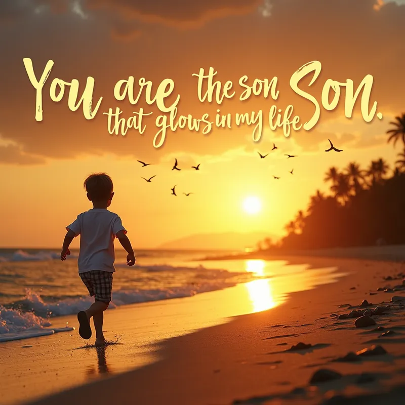 Golden Horizon - A beautiful sunset over a tranquil beach, with a boy running towards the horizon, glowing with a golden light. The words 'You are the son that glows in my life' are written in the golden sky. - AI image generated with Photorealistic 2