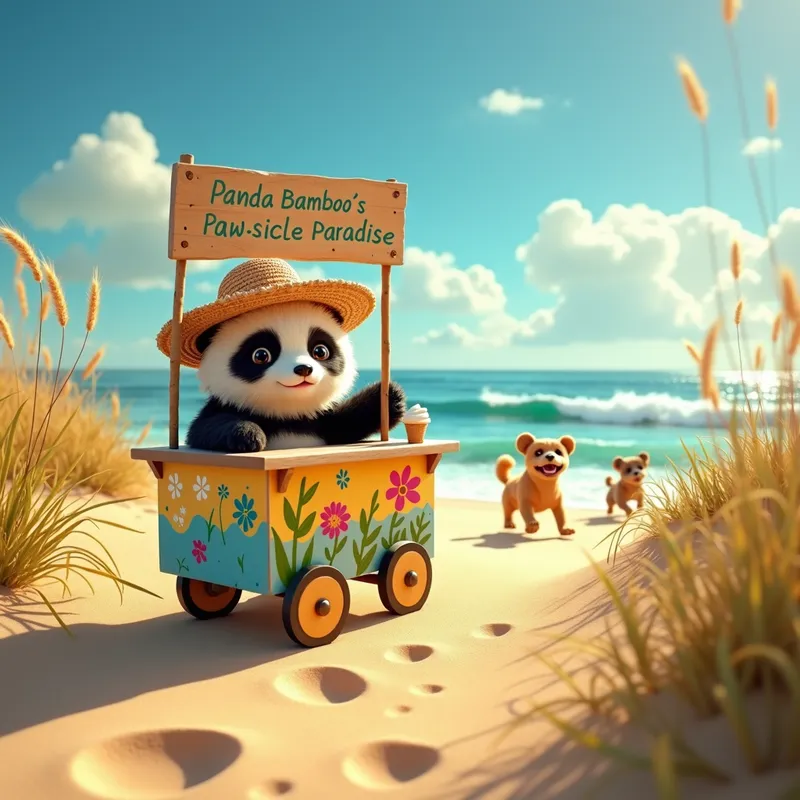 Golden Hour Adventure - Wide cinematic shot featuring golden hour lighting. A fluffy panda in a woven straw sunhat leads a whimsically painted ice cream cart across golden sand dunes towards a lively beach. The cart is adorned with hand-painted flowers, paw prints, and a colorful sign proclaiming 'Panda Bamboo’s Paw-sicle Paradise.' The scene is set against a brilliant blue sky dotted with wispy clouds. In the background, the ocean sparkles with sunlight, and gentle waves approach the shore. Various dogs play along the water’s edge, their playful energy captured as they chase each other through the surf. The frame includes the gentle sway of sea oats in the breeze, with light reflecting off the sand, creating a warm, inviting, and magically realistic atmosphere. - AI image generated with Photorealistic 2