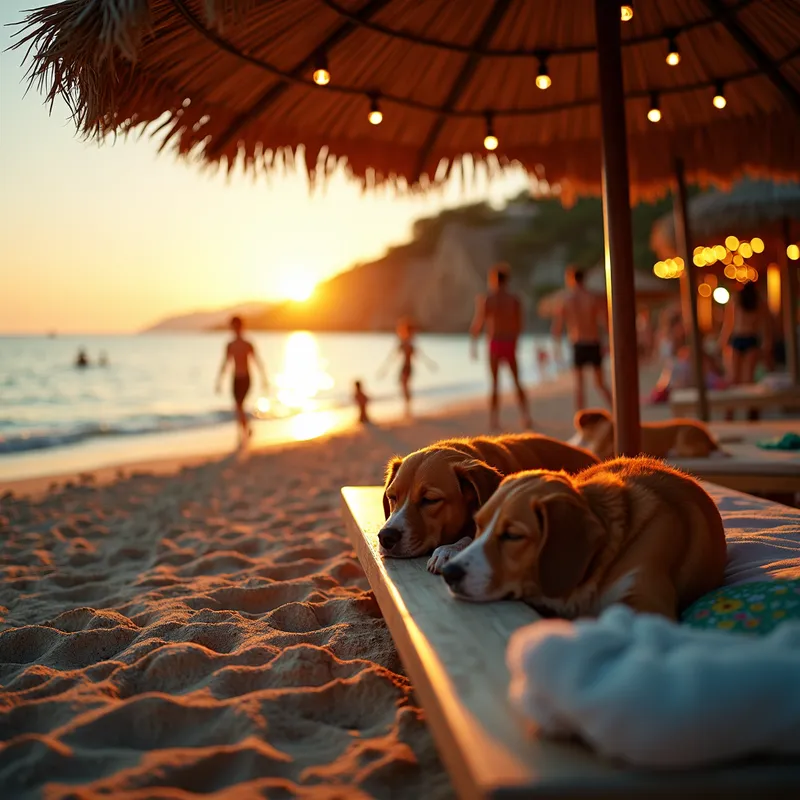 Golden Hour Beach Bar Panorama - Cinematic panoramic shot at sunset; low warm light with long shadows; deep blue sea alive with late-day swimmers; lens flare from the setting sun; beach bar glowing with amber string lights and polished wood; close foreground features sandy path to umbrellas, sleeping dogs in colorful bikinis nestled under shade, fur catching gentle rim light; 50mm anamorphic look, shallow depth of field, soft bokeh; rich color grading and high dynamic range for a dreamy, relaxed atmosphere. - AI image generated with Photorealistic 2