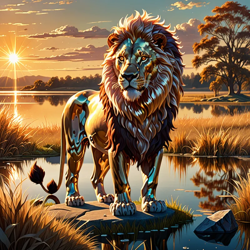 Golden Hour Crystal Lion - A fantasy scene featuring a fierce crystal lion standing on grassy land during golden hour. The warm sun bathes the scene in rich light, while a nearby lake captures cool, shimmering reflections of the lion and sky. - AI image generated with Fictional - fantasy art