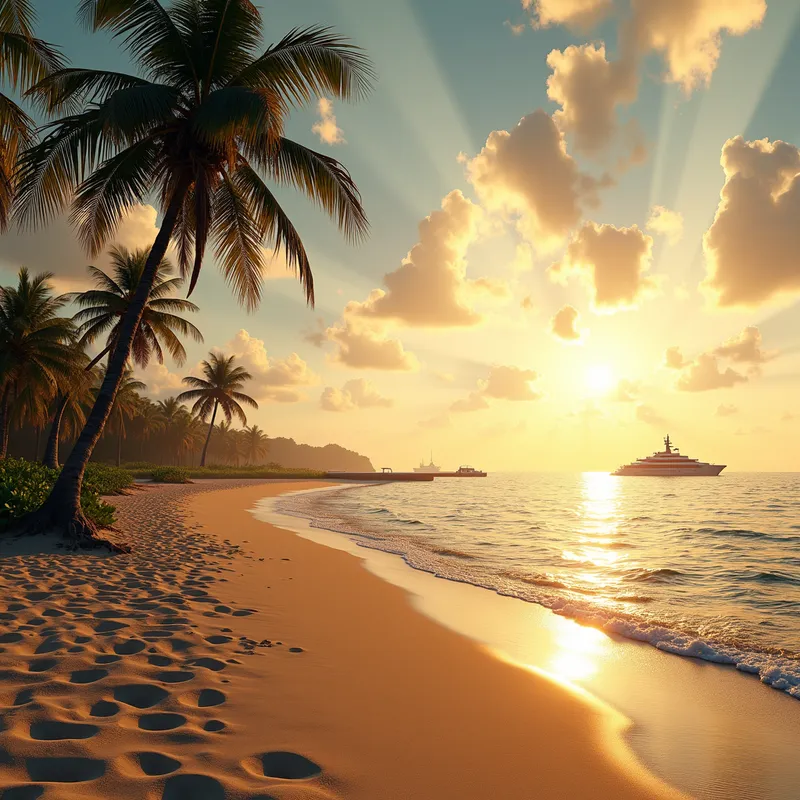 Golden Hour Getaway - A tranquil beach setting with golden sand, palm trees dotting the shoreline, and a gorgeous yacht on the horizon, captured during the golden hour, casting a magical glow over the entire scene. - AI image generated with Flux - photorealistic