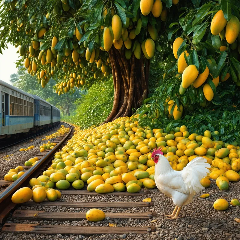 Golden Hour: Mangoes and Train - A dense-leaved mango tree full of ripe yellow-green mangoes stands beside an old railway track. Scattered ripe mangoes lie across the tracks and surrounding gravel, some of them smashed. In the background, a long train is passing by. A plump, white chicken with fluffy feathers is standing beside the fallen mangoes, flapping its wings. The entire scene is emotional, cinematic, and realistic, with warm golden-hour lighting. The image should be in a 9:16 aspect ratio.