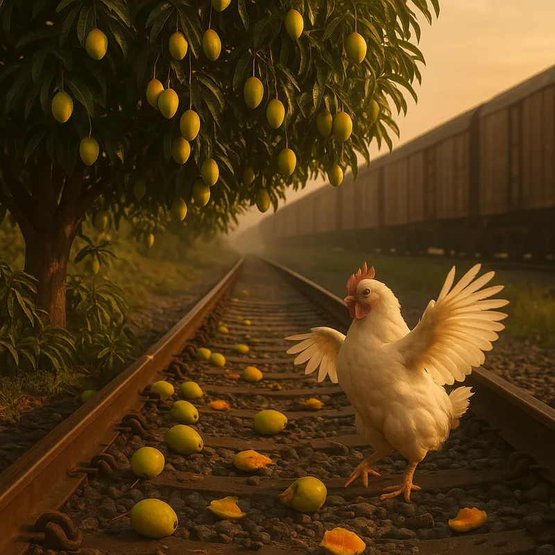 Golden Hour: Mangoes and Train - A dense-leaved mango tree full of ripe yellow-green mangoes stands beside an old railway track. Scattered ripe mangoes lie across the tracks and surrounding gravel, some of them smashed. In the background, a long train is passing by. A plump, white chicken with fluffy feathers is standing beside the fallen mangoes, flapping its wings. The entire scene is emotional, cinematic, and realistic, with warm golden-hour lighting. The image should be in a 9:16 aspect ratio.

 - AI image generated with GPT Image