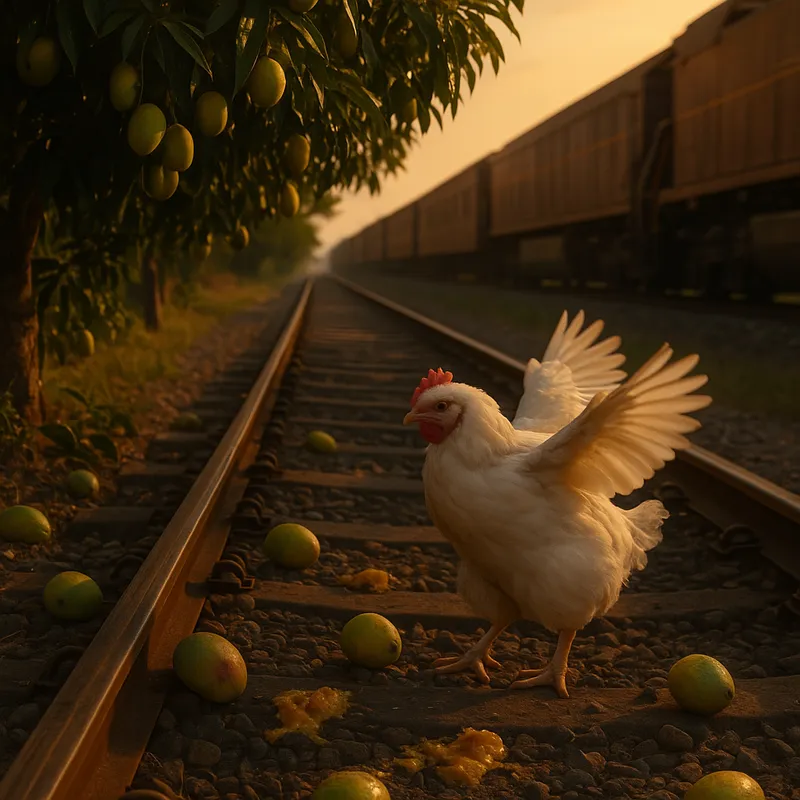 Golden-Hour Train Passage - An old railway track at golden hour with a dense-leaved mango tree full of ripe yellow-green mangoes beside it. Smashed and whole ripe mangoes are scattered on the tracks and gravel. A long train is passing in the background, while at the forefront, a plump, white chicken with fluffy feathers flaps its wings near the fallen mangoes. The scene is captured in a realistic, cinematic, and emotional style with a 9:16 aspect ratio. - AI image generated with GPT Image