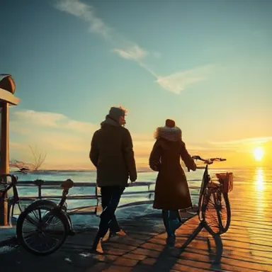 Golden Hour Walk - A serene depiction of two strangers, a man and a woman in winter attire, strolling along a sea walk at golden hour with the sun setting. A bicycle rests against a nearby structure, contributing to the overall nostalgic atmosphere. - photorealistic