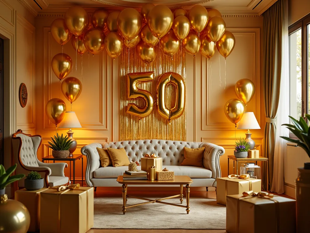 Golden Jubilee Celebration - A luxurious setting adorned with golden balloons and elegant decorations for a grand 50th birthday celebration. The room is filled with golden hues, streamers, and beautifully wrapped gifts. - AI image generated with Photorealistic 2