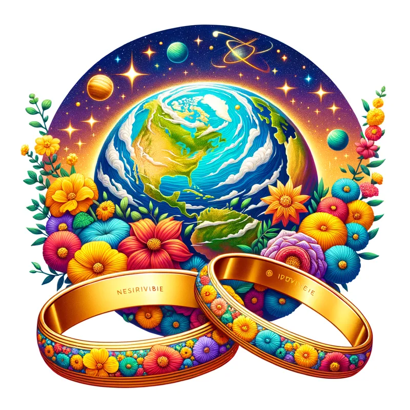Golden Love: Carlsen's Celestial Wedding - floral planet and stars. two large his and hers yellow gold wedding rings. with the inscription "Mr.Darryl Carlsen"  "Mrs.
Magie Carlsen"   - AI image generated with Art