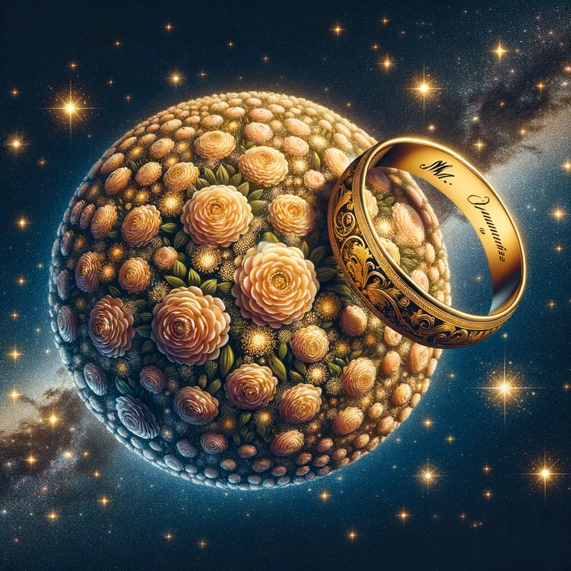Golden Love: Carlsen's Celestial Wedding - floral planet and stars. two large his and hers yellow gold wedding rings. with the inscription "Mr.Darryl Carlsen"  "Mrs.
Magie Carlsen"   - AI image generated with Art