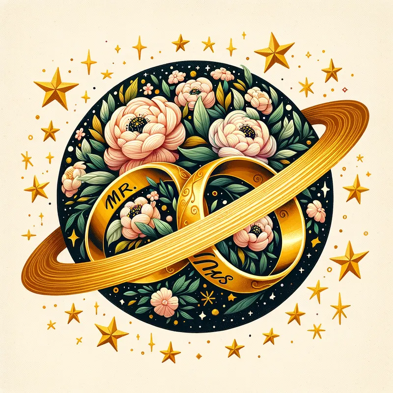 Golden Love: Carlsen's Celestial Wedding - floral planet and stars. two large his and hers yellow gold wedding rings. with the inscription "Mr.Darryl Carlsen"  "Mrs.
Magie Carlsen"   - AI image generated with Art