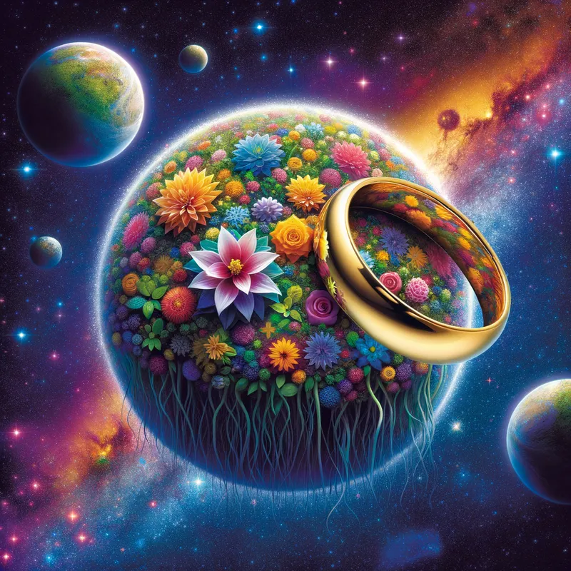 Golden Love: Carlsen's Forever Rings - floral planet and stars. two large his and hers yellow gold wedding rings. with the inscription "Mr. Darryl Carlsen & Mrs.
Magie Carlsen" "Forever Love" - AI image generated with Art