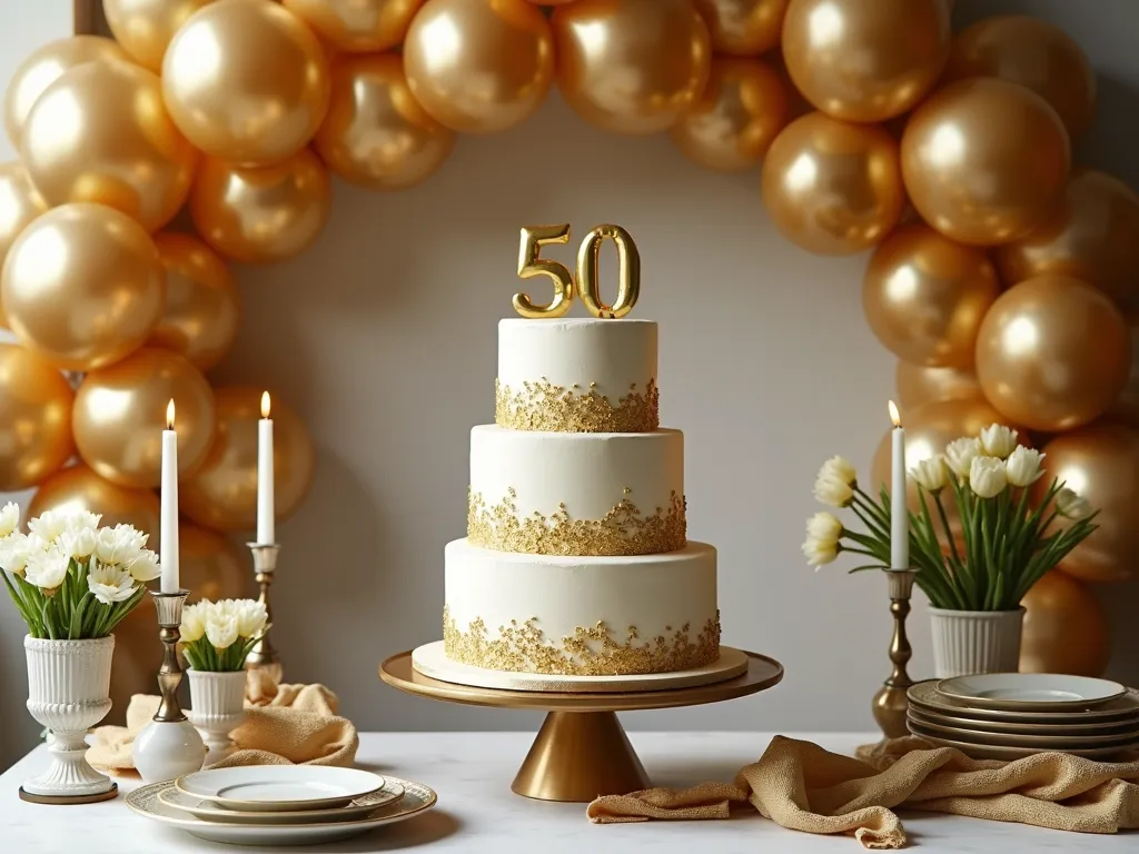Golden Milestone Party - A stylish and sophisticated 50th birthday party scene with golden balloons, chic decorative elements, and a stunning centerpiece cake adorned with gold accents. - AI image generated with Photorealistic 2
